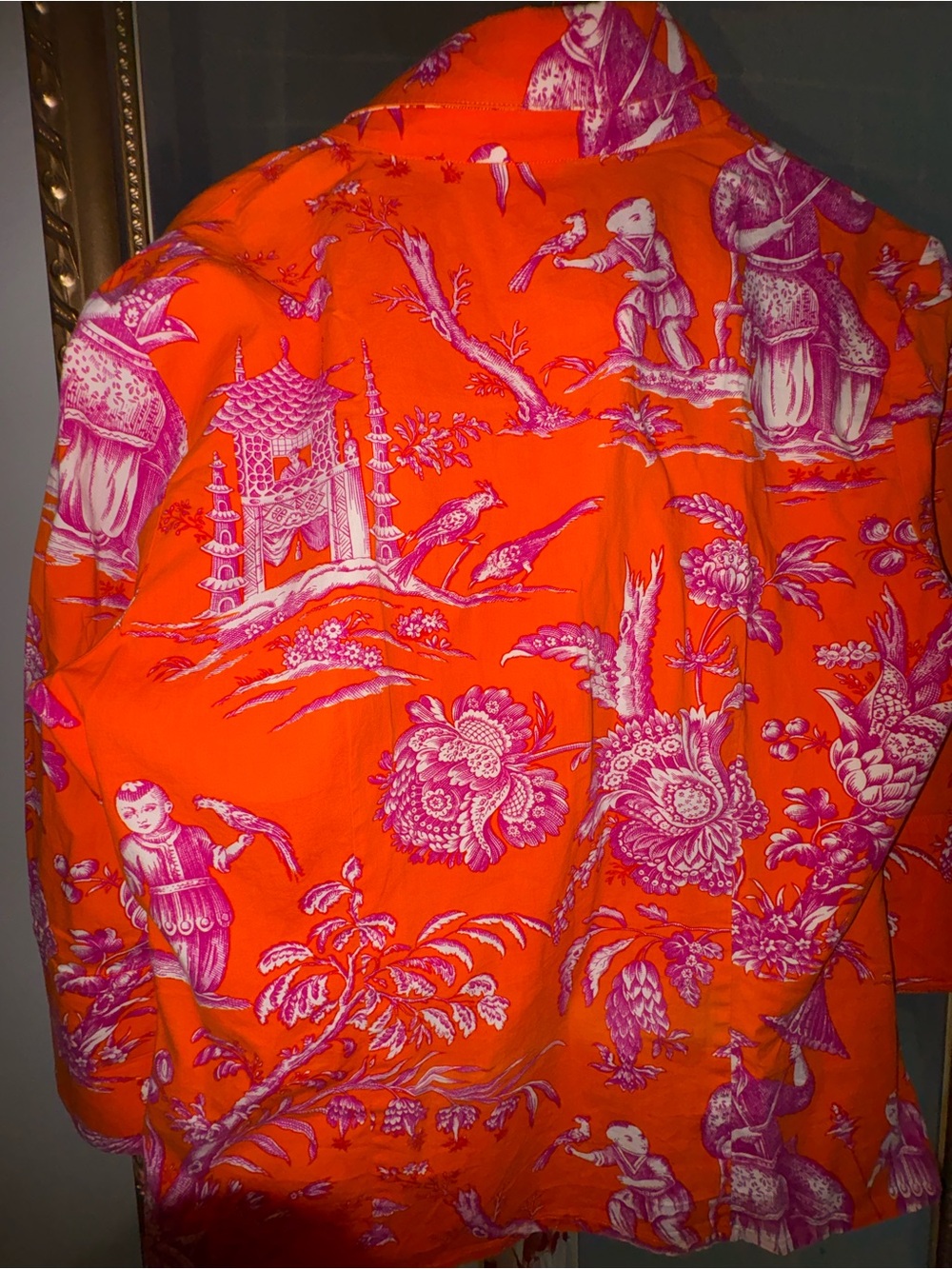 Orange & Pink Toile Scenic Print Button-Up Shirt 8 - Picture 6 of 7